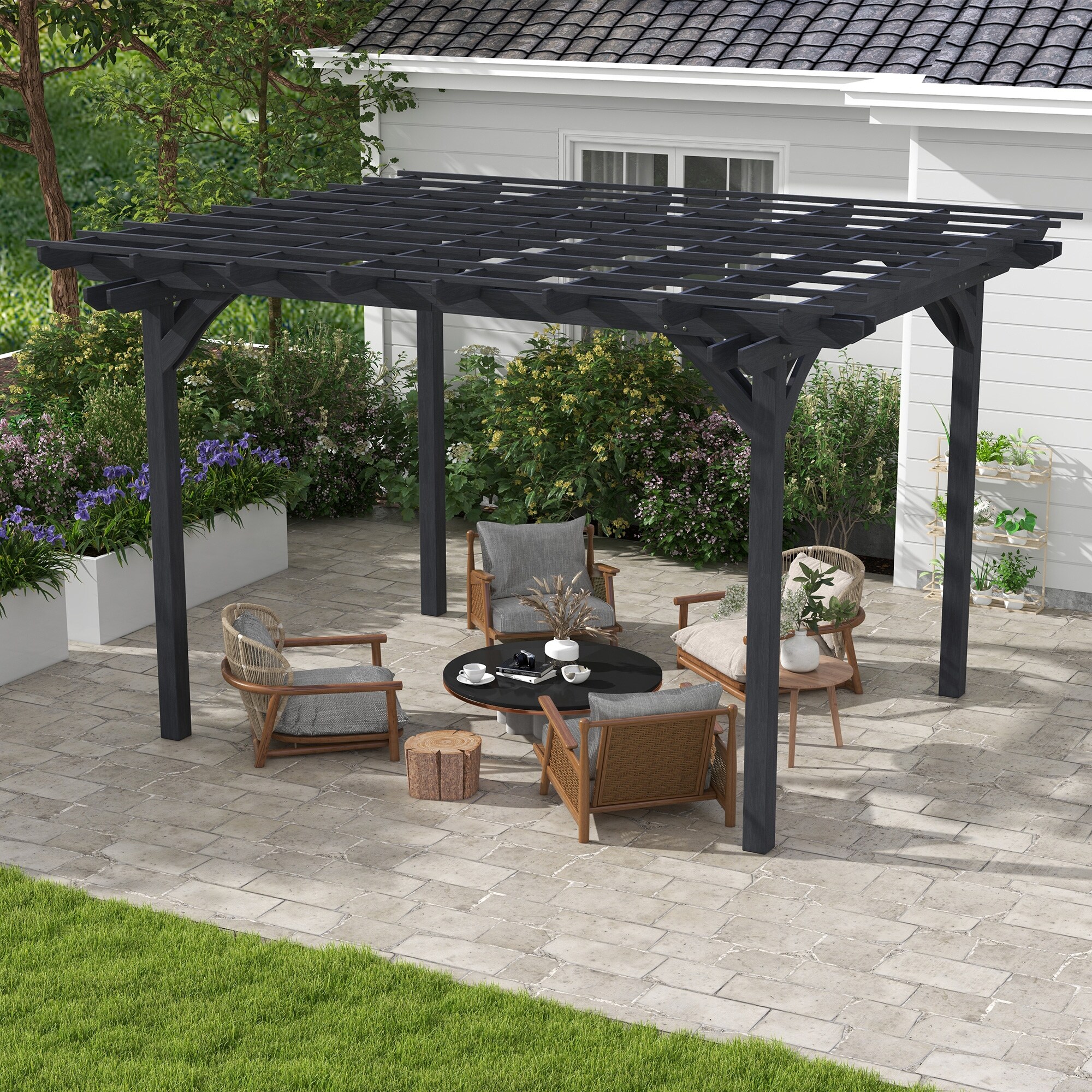 Outsunny 12' x 10' Outdoor Pergola, Wood Gazebo Grape Trellis with