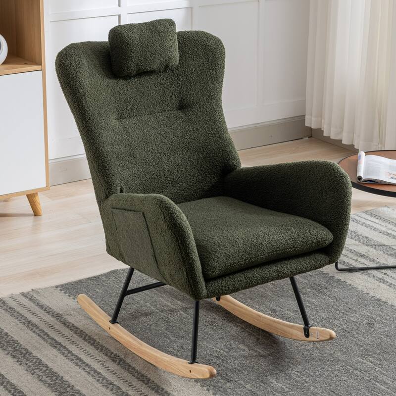 Teddy Fabric Wingback Rocking Chair for Nursery with Safe Solid Wood Base