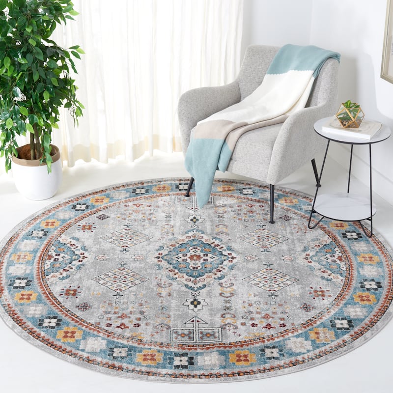 SAFAVIEH Bayside Machine Washable Cynthia Oriental Rug - 6'7" Round - Light Grey/Blue