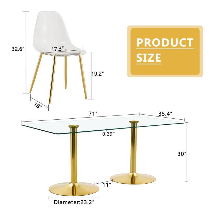 71" Dining Table Set for 6-8, Rectangular Kitchen Table with Transparent Plastic Chairs, Modern Glass Dining Room Table Set
