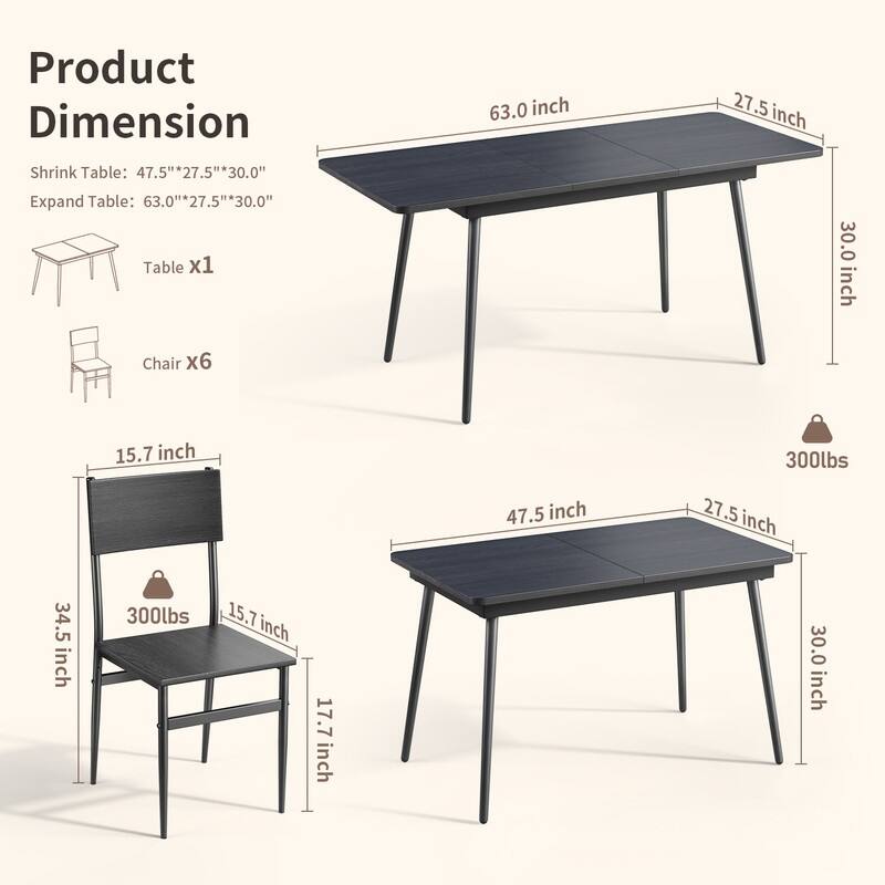 7 Piece Industrial Dining Table Set for Kitchen with 6 Chairs Longboard Backrest