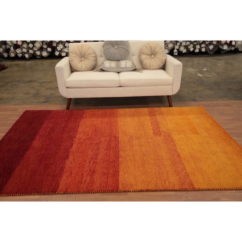 Hand Knotted Oriental 100% Wool Carpet Modern Stripe Oranges & Rust Gabbeh Area Rug - 7' 11'' X 5' 8''