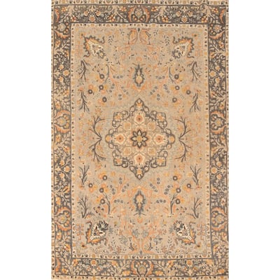 Hand Knotted Oriental 100% Wool Carpet Traditional Floral Greys & Charcoal Tabriz Area Rug - 10' 1'' X 6' 7''
