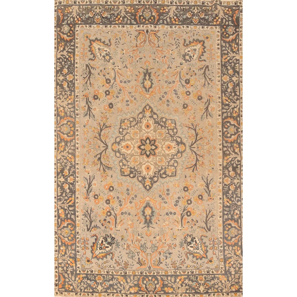 Hand Knotted Oriental 100% Wool Carpet Traditional Floral Greys & Charcoal Tabriz Area Rug - 10' 1'' X 6' 7''