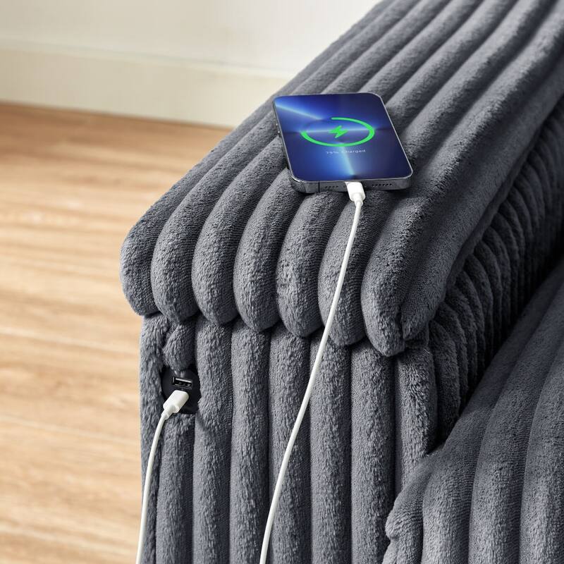 71" Sofa Plush Corduroy Square Storage Armrest USB port