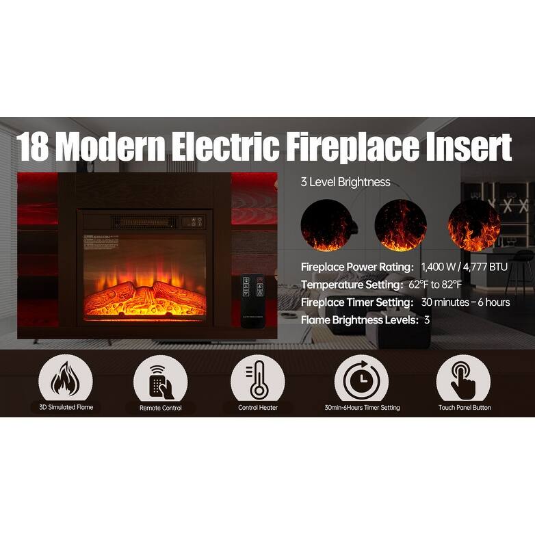 Modern 3D Fireplace TV Stand with USB Ports, LED Color Options, and Glass Storage Shelves for TVs 32-62'' - Black