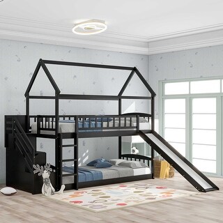 Twin Over Twin Floor House Bunk Bed with Drawers and Slide - Bed Bath ...