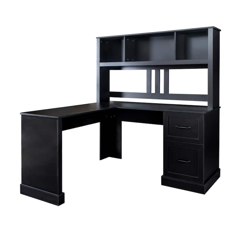Anmytek Black L Shaped Desk with Hutch and Drawers Corner Computer Workstation for Home Office Gaming