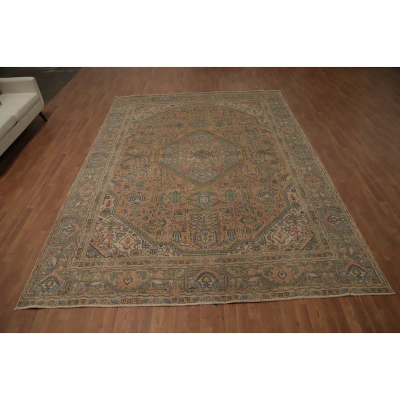 Hand Knotted Oriental 100% Wool Carpet Traditional Floral Oranges & Rust Tabriz Area Rug - 12' 6'' X 9' 1''