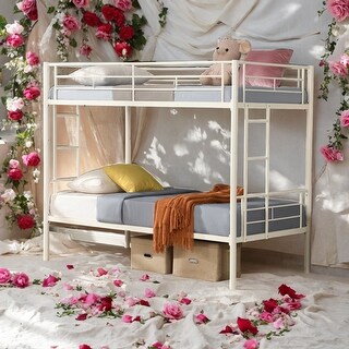 Modern Twin Over Twin Convertible Bunk Bed with Safety Guardrails and 2 Ladders