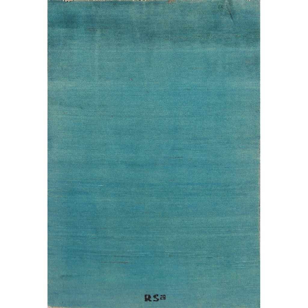 Turquoise Blue Gabbeh Accent Modern Rug Hand-Knotted Wool Carpet - 3'6" x 4'11"