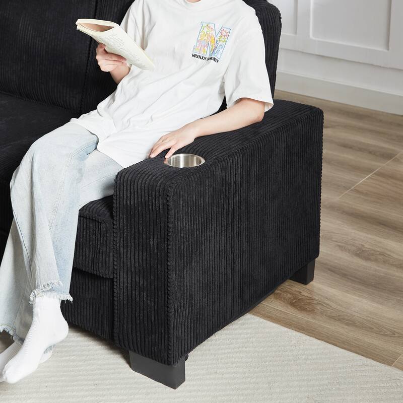 84.25" Corduroy 3-Seater Sofa, Cup Holder Armrests and Spring Cushions