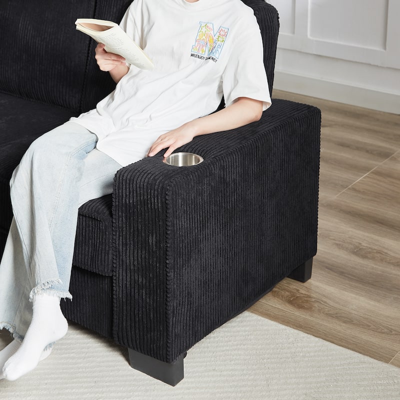 84.25" Corduroy 3-Seater Sofa with Cup Holder Armrests - High-Density Sponge and Spring Cushions
