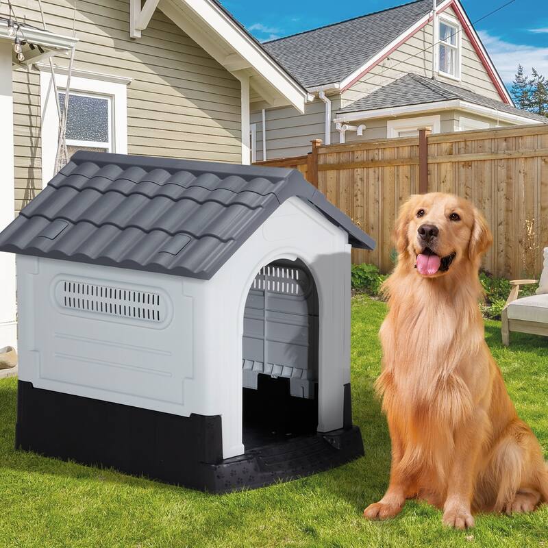 Plastic Dog House with Air Vents, Elevated Floor, Insulated Outdoor Indoor Kennel for Small Dogs