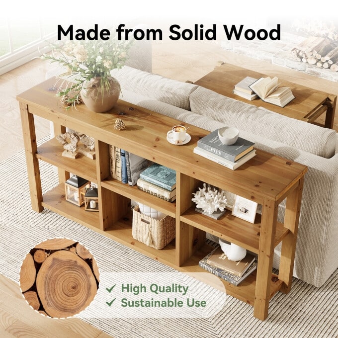 63-Inch Solid Wood Console Table, Entryway Table with Adjustable Shelf