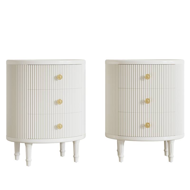 Oval End Table with 3 Storage Drawers and Gold Handles, White, No Assembly Required