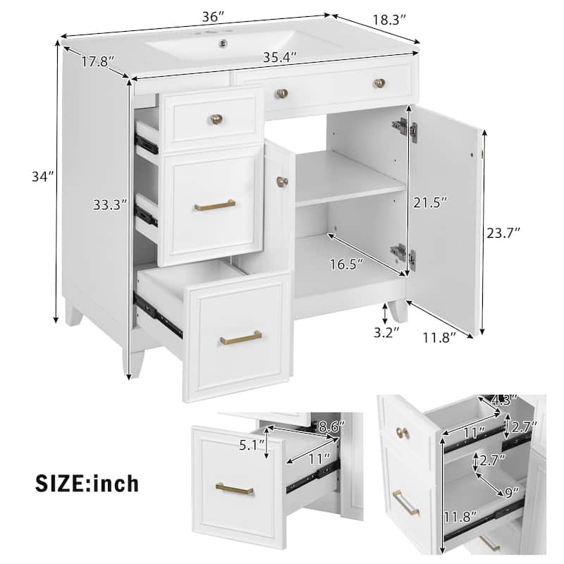 Roomfitters 36" Bathroom Vanity with Ceramic Sink, Soft Close Doors, Adjustable Shelves, Standard & Double Drawers