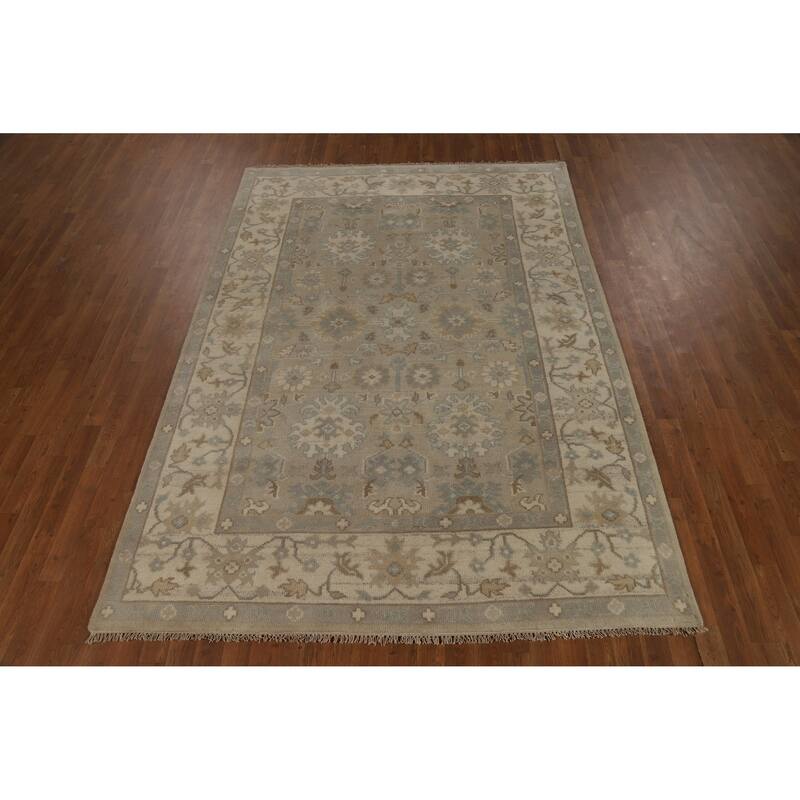 Transitional Beige Oushak Indian Area Rug Hand-Knotted Wool Carpet - 6'2" x 8'11"