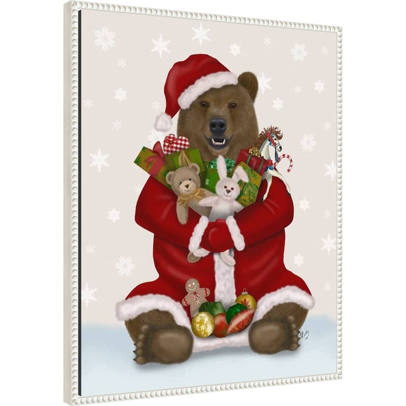 Christmas Christmas Present Bear Hug by Fab Funky (23 x 28 in.), Framed Canvas Wall Art Print - Sylvie Beaded White