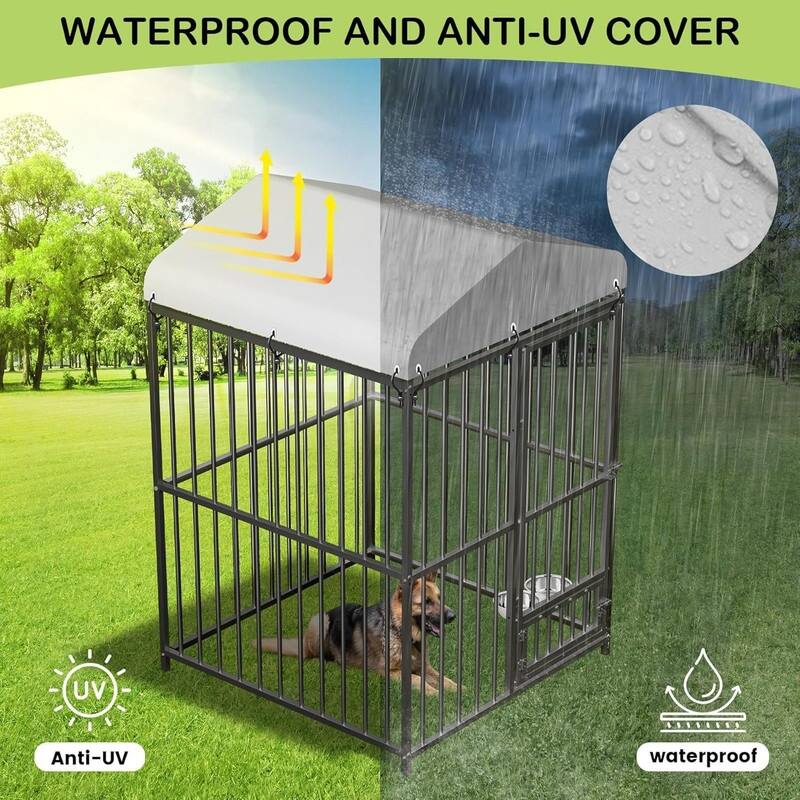Dog Cage Kennel with Rotating Feeding Bowl Waterproof Roof Cover