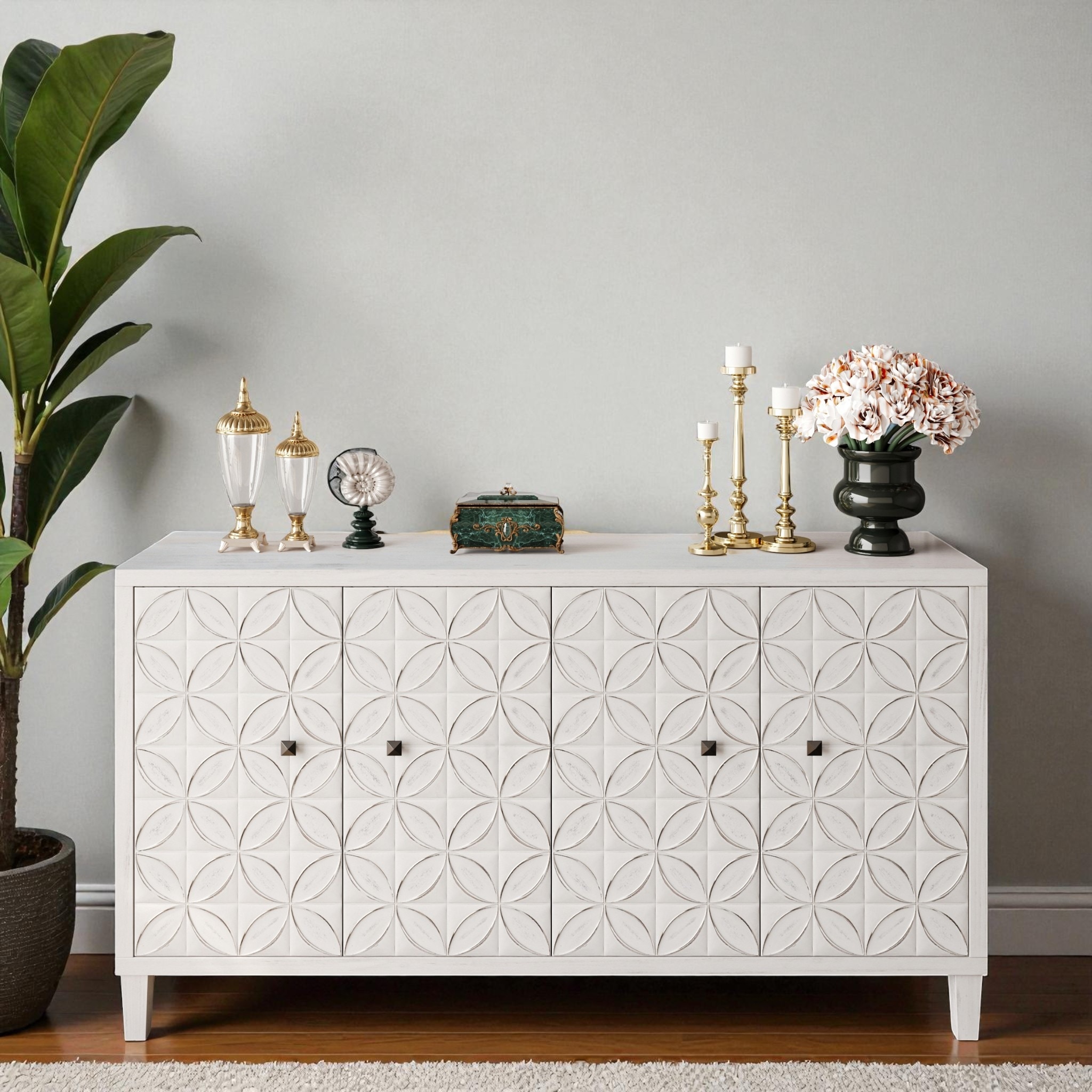 Farmhouse 60" 4-Door Wooden Accent Cabinet with Adjustable Shelves, White Wash Buffet Sideboard for Entryway