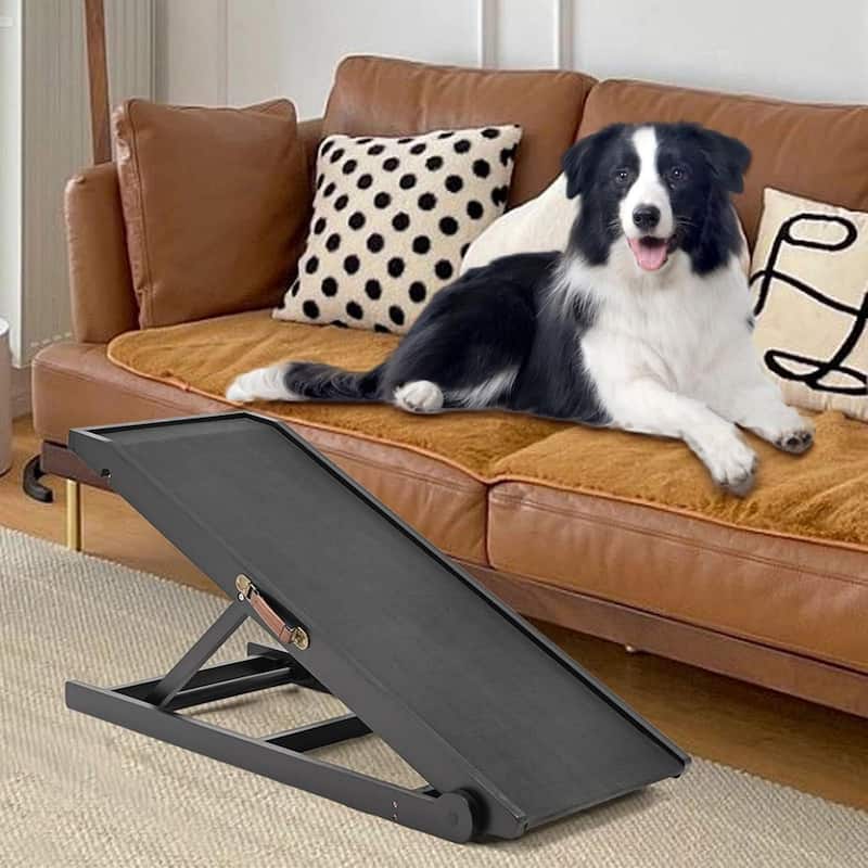 DoCred Folding Non-Slip Rubber Mat Wooden Dog Ramp For High Bed - 39.3"L x 17.7"W x 20"H - Black-BK