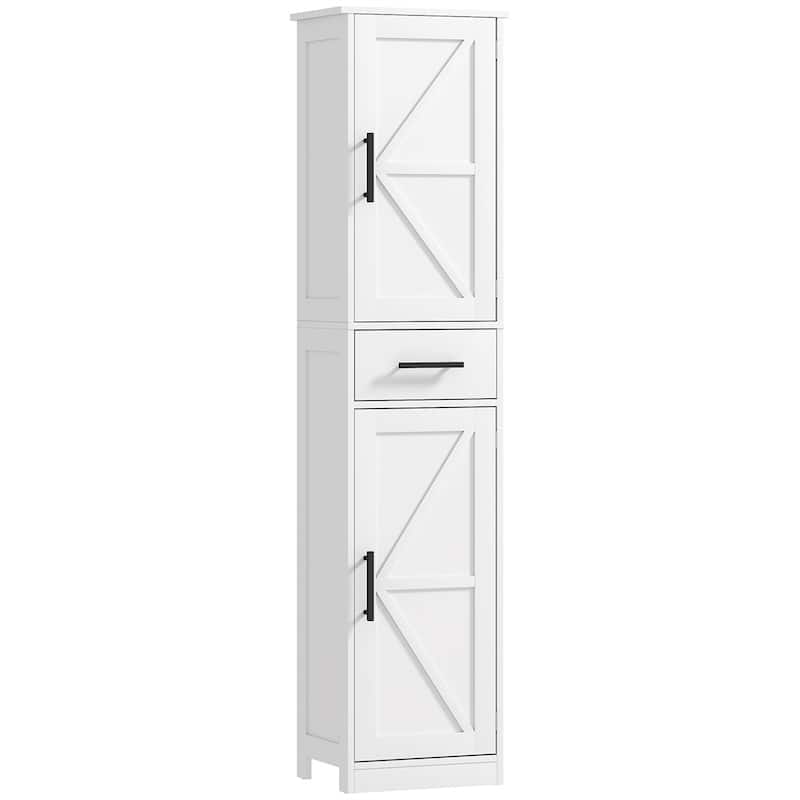 White MDF Tall Bathroom Cabinet with Barn Doors, Drawer and Adjustable Shelves - 15.7" L x 11.8" W x 66.9" H - White