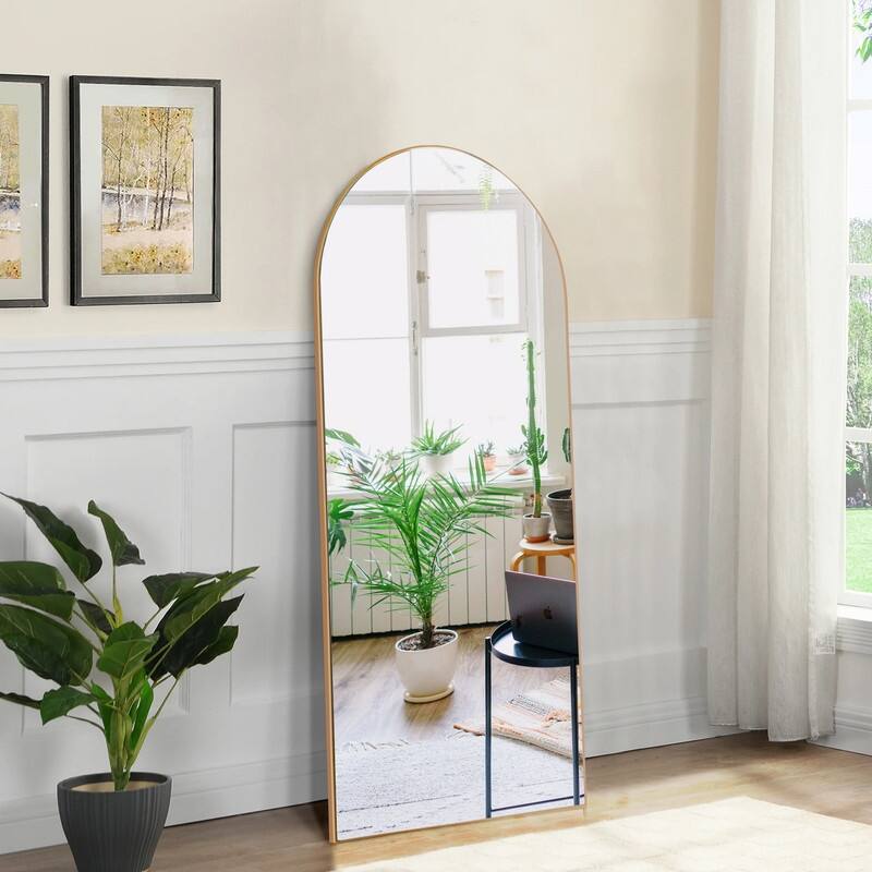 Glam Wood Frame Arched Standing Fulllength Floor Mirror Wall Mount