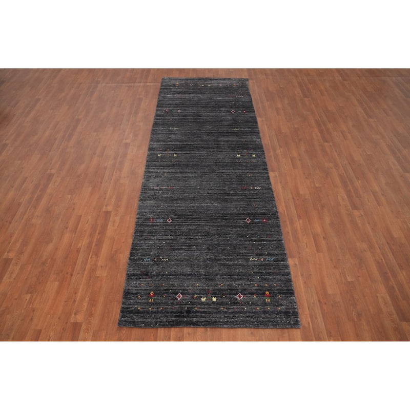 Hand Knotted Oriental Viscose Silk Carpet Tribal Animal Pictorial Greys & Charcoal Gabbeh Runner Rug - 11' 9'' X 4' 0''