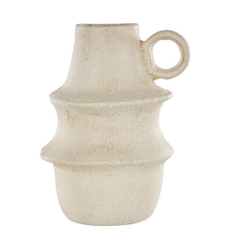 Paper Mache Fluted Vase with Brown Distressed Texturing and Ring Handle - Cream - Roche River Decor