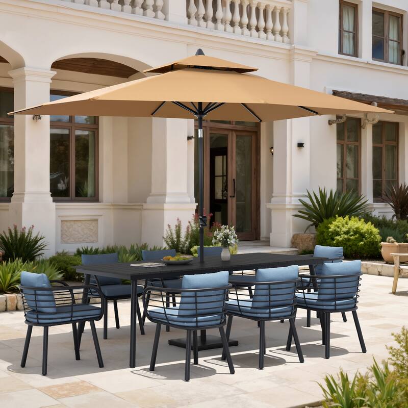 11PC Outdoor Patio Dining Set Aluminum Table with Sunbrella Cushion Chairs w/ Market Umbrella Sets