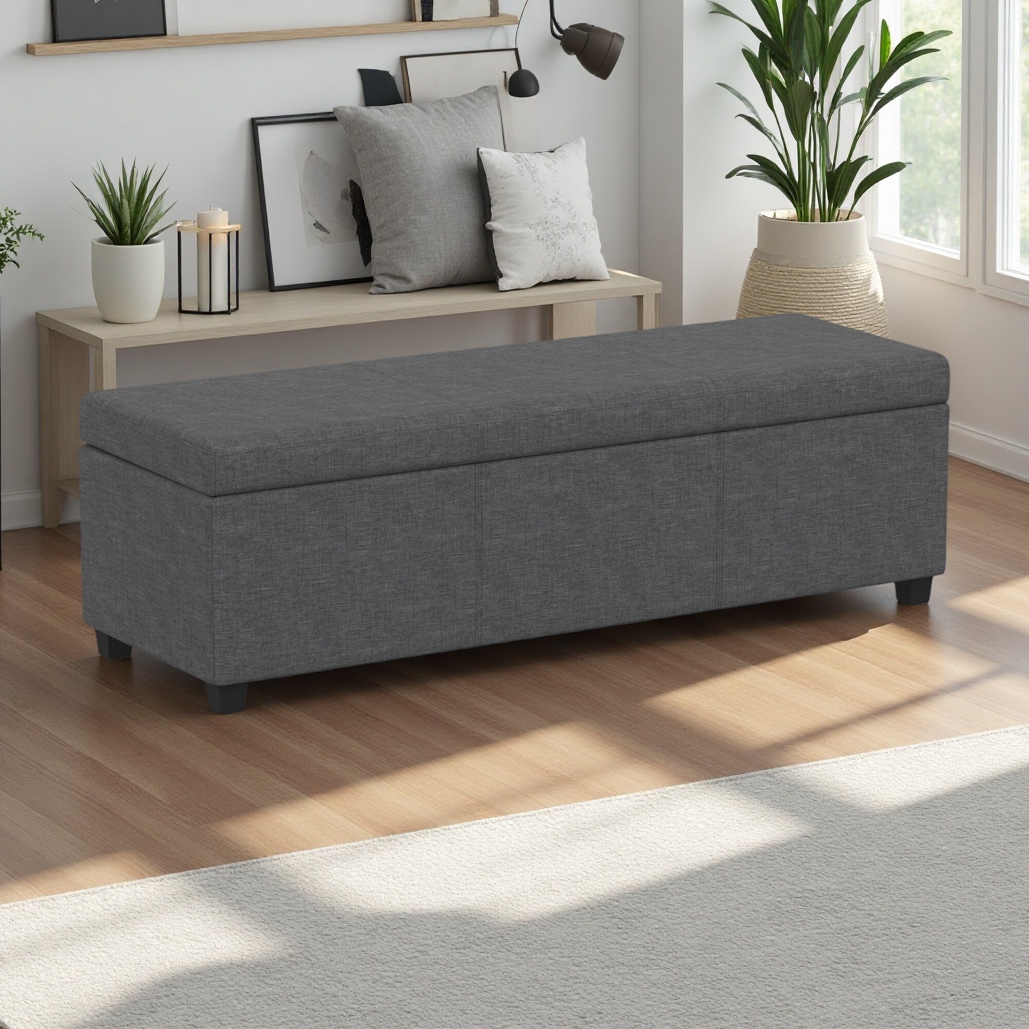 54"L Storage Ottoman Bench, Linen Fabric, Large Storage, Child-Safe Hinge, Multi-Functional