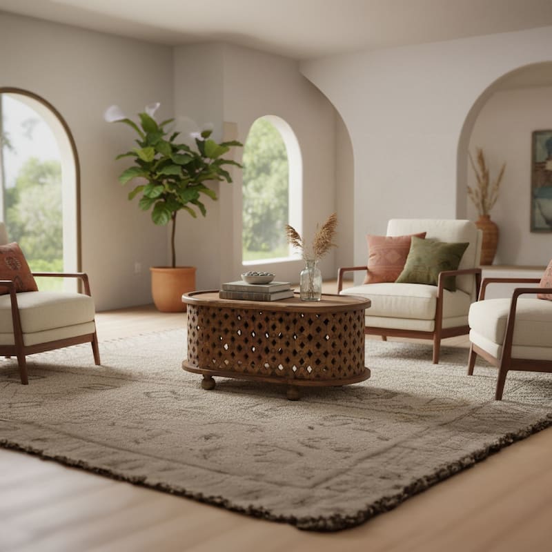 36 Inch Handcrafted Oval Coffee Table, Intricate Cutout Design, Antique Brown