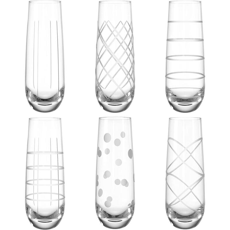 Fifth Avenue Crystal Medallion Stemless Champagne Flutes Set of 6 - Etched Patterns - 6 Piece