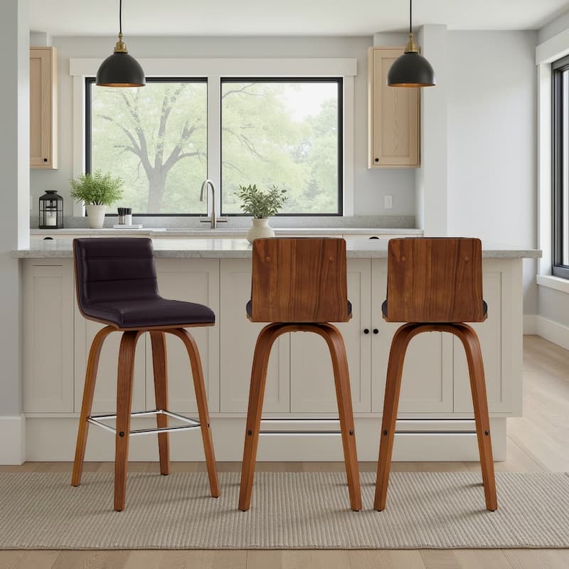Skara Mid-Century Swivel Counter Stool, Upholstered Counter Height Chair with Bentwood Legs - Brown & Walnut - Set of 3