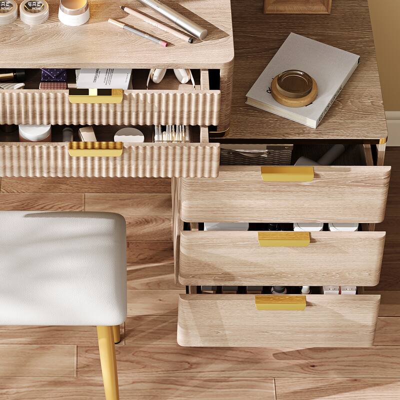 7-Drawer Vanity Desk with LED Mirror, Carved Fluted Details, Metal Legs & PU Stool