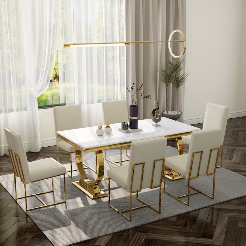White and Gold Dining Room Table Set with 72 inch Table and White PU Leather Dining Chairs