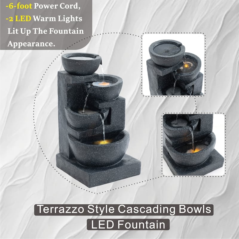 GDFStudio - Terrazzo 29" H Modern Outdoor/Indoor 4-Tier Water Fountain with Cascading Bowls, Stacked Stones Design & LED Lights