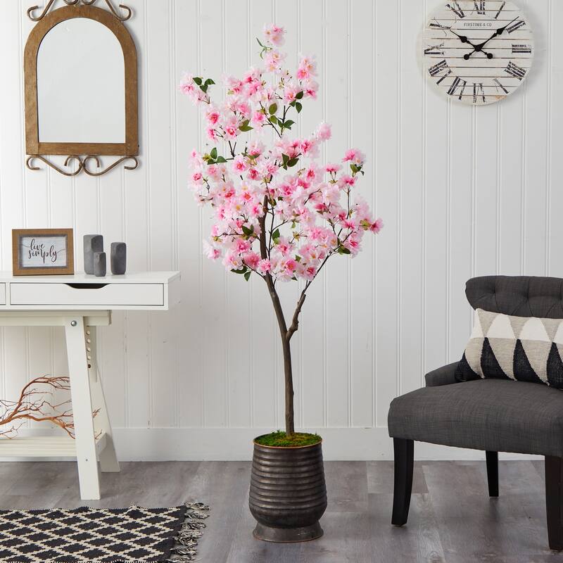 5.5ft Cherry Blossom Artificial Tree in Ribbed Metal Planter with Pink Blossoms and Green Leaves for Elegant Spaces