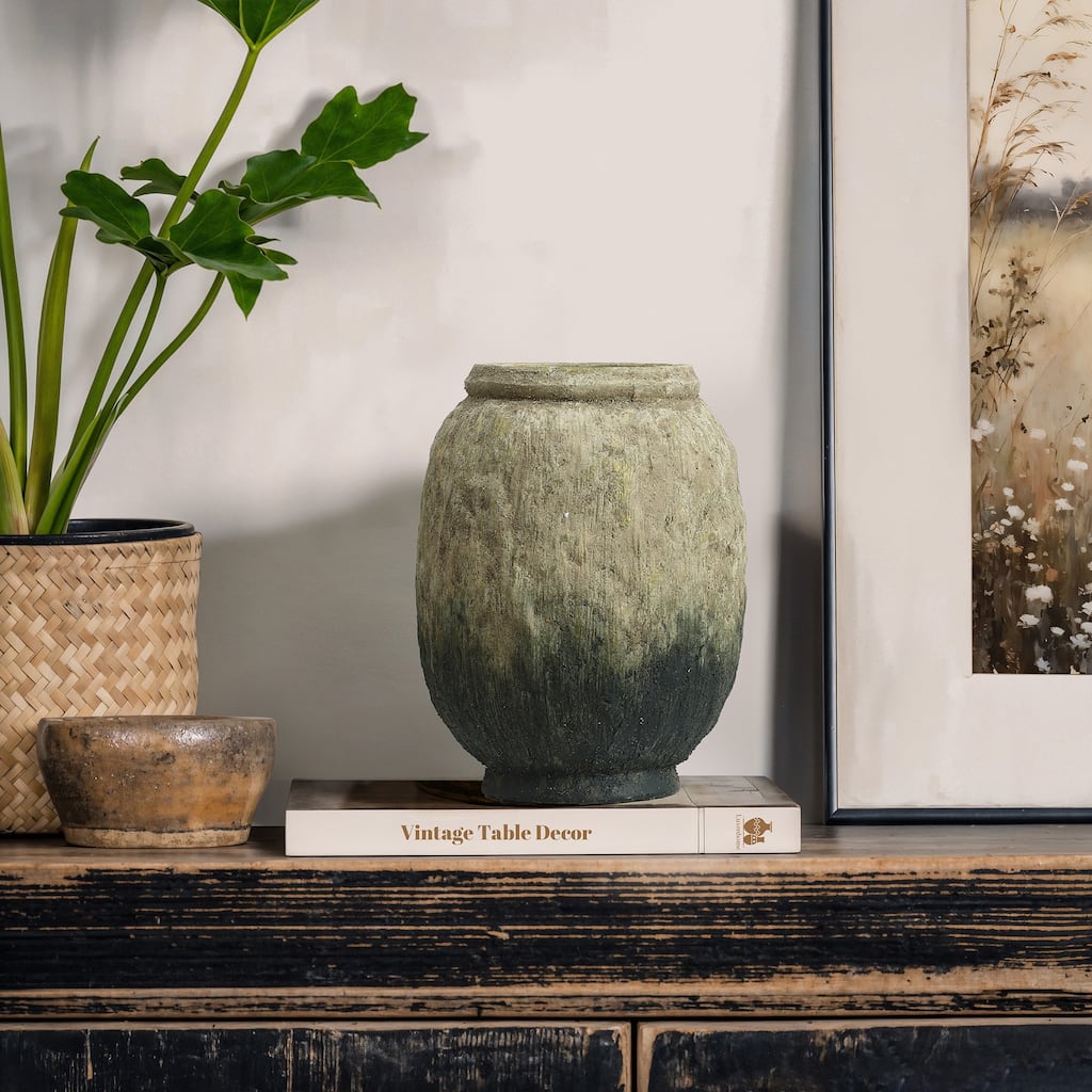 Old-World Brown with Green Bottom Round Terracotta Vase