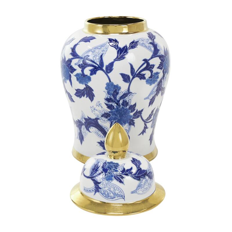 Ceramic Floral Living Room Decorative Jars with Cream and Gold Accents - Blue - Roche River Decor
