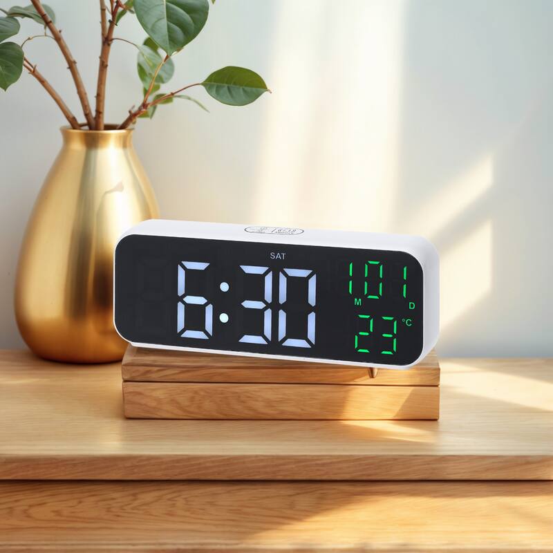 Small Dual Alarm Clock for Bedroom, Dimmable, DST, Snooze,12/24H, Alarms with Indoor Temperature 6.7 x 2.4 x 1.2 inch - White Green