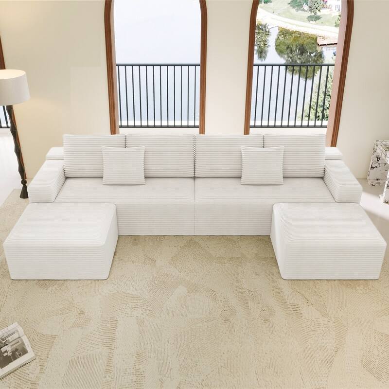137.8" Corduroy Upholstered Free Combination Modular Sectional Sofa with Ottomans - White