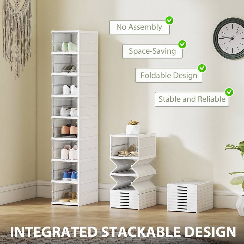 HOMCOM 8 Pack Foldable Shoe Organizer, Plastic No Assembly Stackable Shoe Storage Box with Clear Door, Space Saving