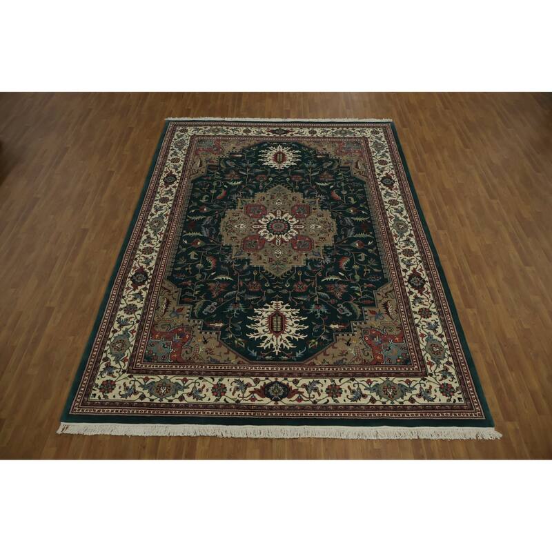 Hand Knotted Oriental 100% Wool Carpet Traditional Geometric Green Heriz Area Rug - 13' 10'' X 9' 8''