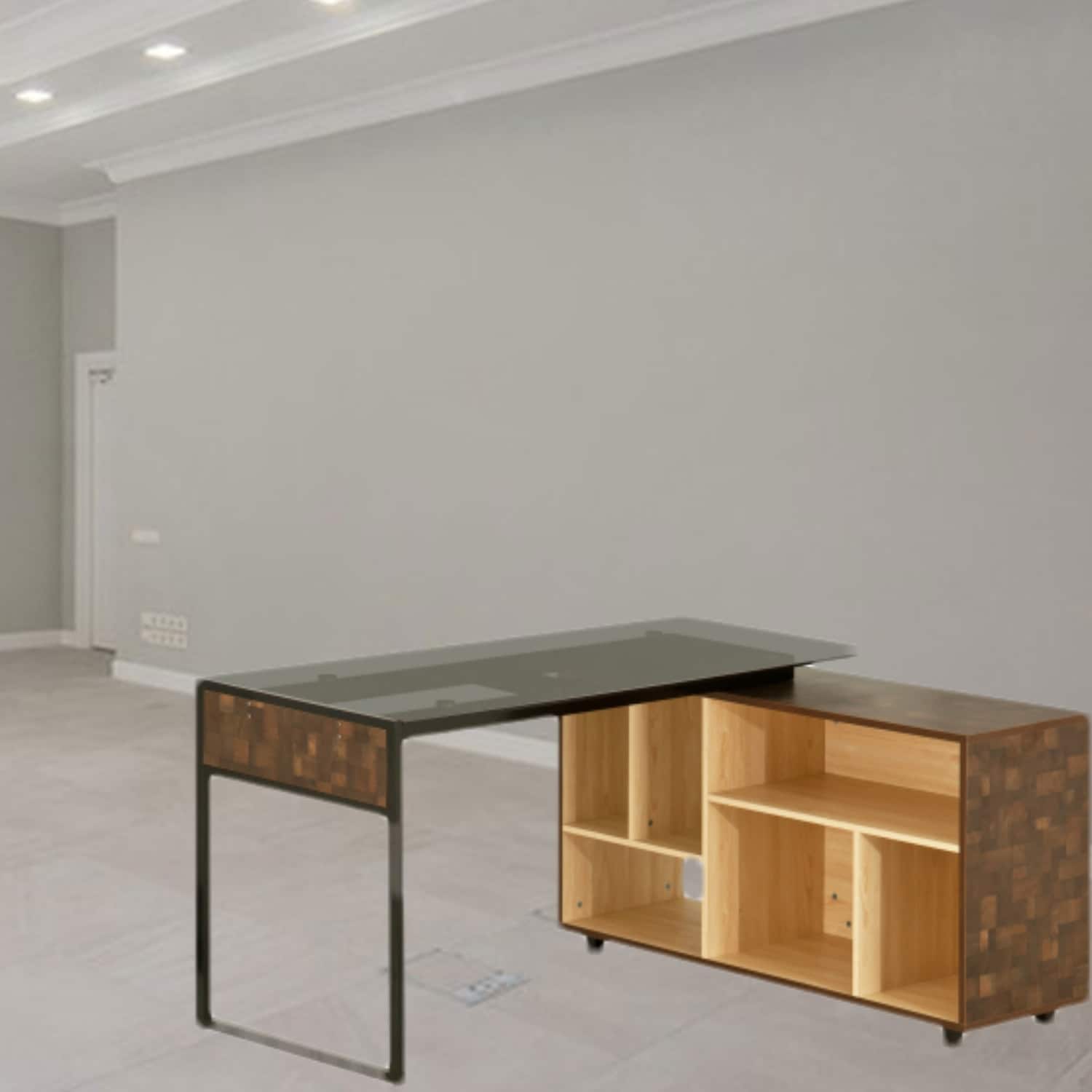 L-Shaped Corner Desk with Multiple Storage Shelves, Modern Glass and MDF  Design for Home Office, image size:1500x1500
