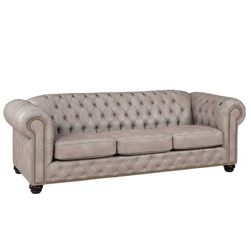 Heston Tufted Light Grey Faux Leather Chesterfield Sofa and Chair Set