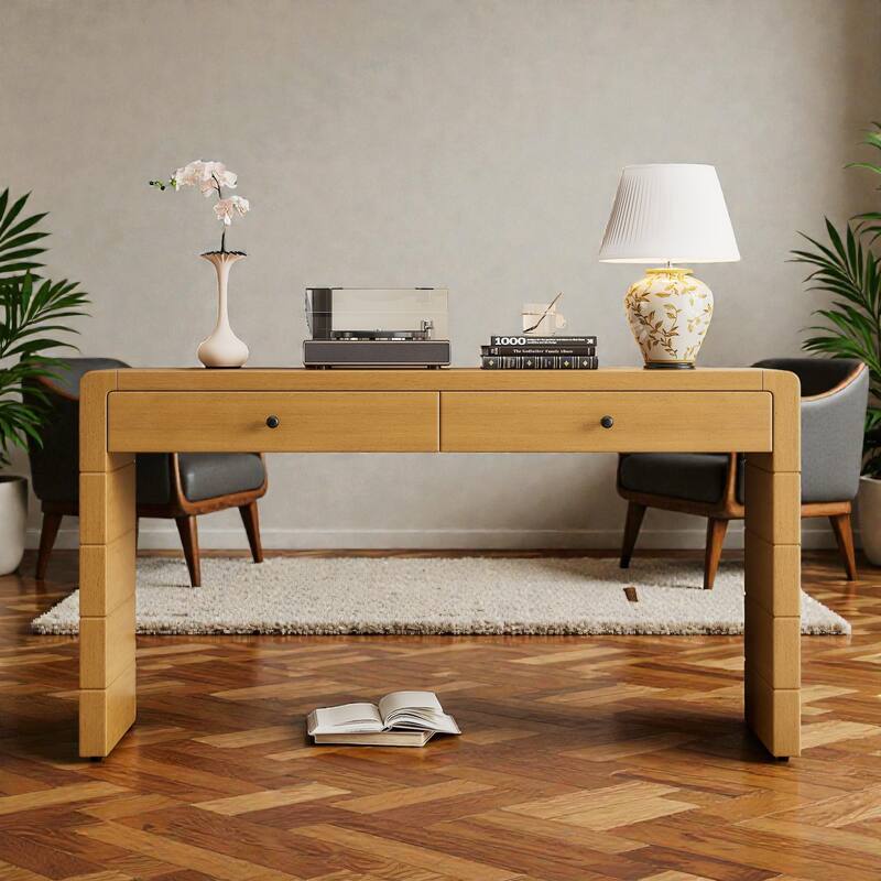 Curved Farmhouse Console Table with Storage, Wooden Entryway Table with 2 Drawers for Hallway