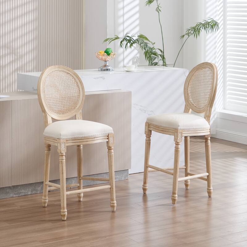French Country Dining Chairs Set of 2, Upholstered Chairs with Nature Rattan Round Back