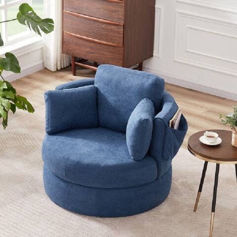 Swivel Accent Barrel Modern Sofa Lounge Club Round Chair Linen Fabric for Living Room Hotel with 3 Pillows and storage